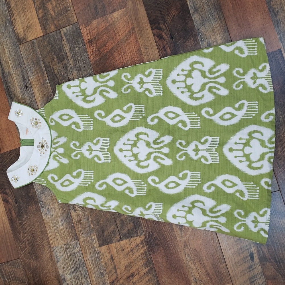 Gymboree Green and White Batik Print Sleeveless Dress with Gems, Size 10